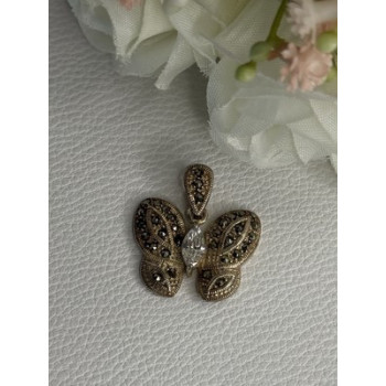 925 Sterling Silver Butterfly Beryl & Marcasite Pendant Length 0.90 Inch