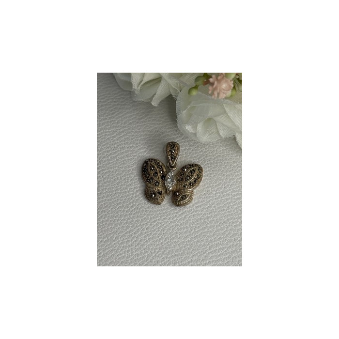 925 Sterling Silver Butterfly Beryl & Marcasite Pendant Length 0.90 Inch