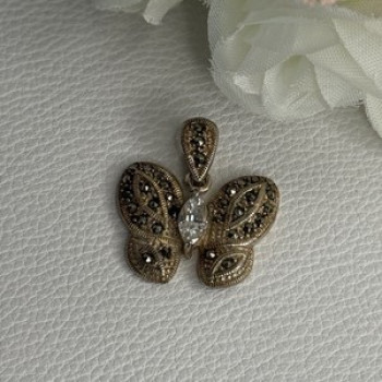 925 Sterling Silver Butterfly Beryl & Marcasite Pendant Length 0.90 Inch