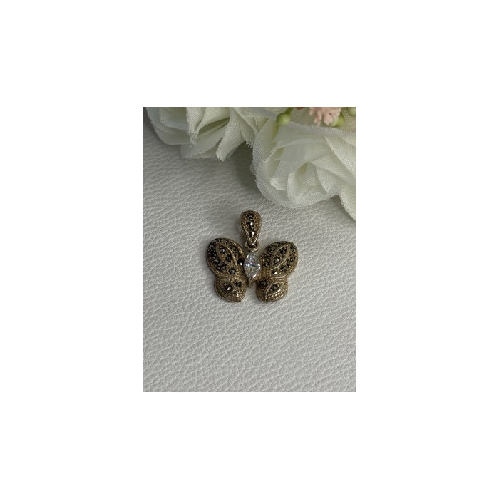 925 Sterling Silver Butterfly Beryl & Marcasite Pendant Length 0.90 Inch