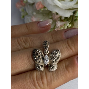 925 Sterling Silver Butterfly Beryl & Marcasite Pendant Length 0.90 Inch