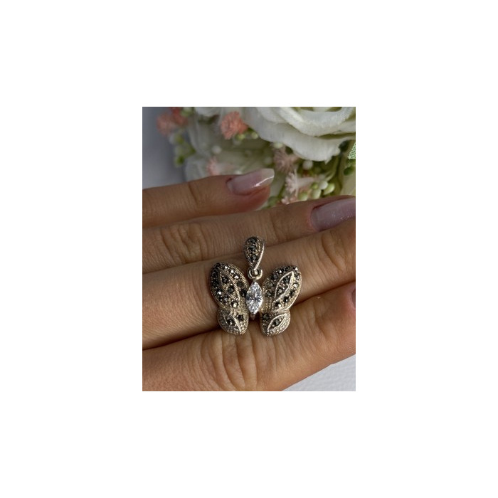 925 Sterling Silver Butterfly Beryl & Marcasite Pendant Length 0.90 Inch