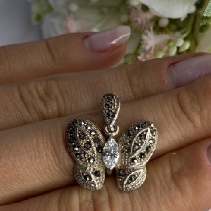 925 Sterling Silver Butterfly Beryl & Marcasite Pendant Length 0.90 Inch