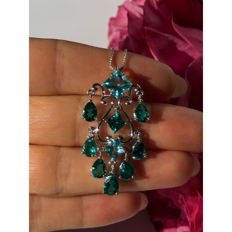 925 Sterling Silver Aquamarine & Emerald Necklace Length 17 inch