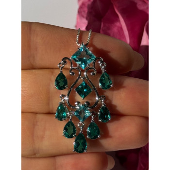 925 Sterling Silver Aquamarine & Emerald Necklace Length 17 inch