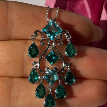 925 Sterling Silver Aquamarine & Emerald Necklace Length 17 Inch