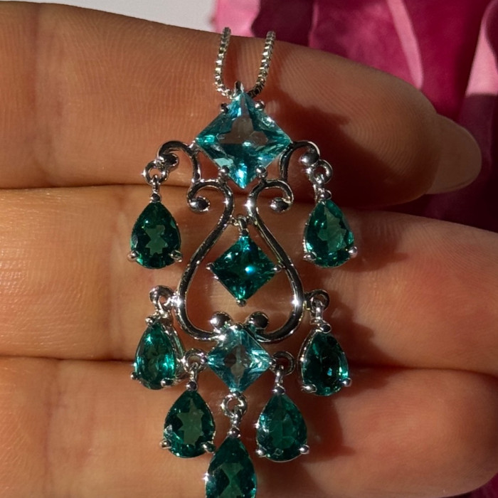 925 Sterling Silver Aquamarine & Emerald Necklace Length 17 Inch