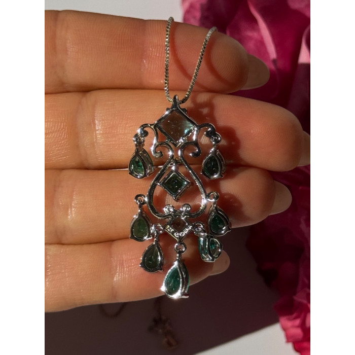 925 Sterling Silver Aquamarine & Emerald Necklace Length 17 inch