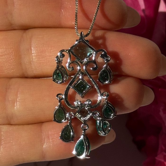 925 Sterling Silver Aquamarine & Emerald Necklace Length 17 Inch