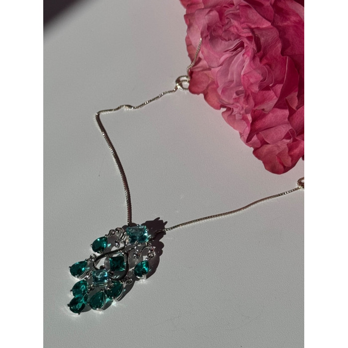 925 Sterling Silver Aquamarine & Emerald Necklace Length 17 inch