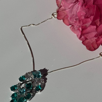 925 Sterling Silver Aquamarine & Emerald Necklace Length 17 Inch