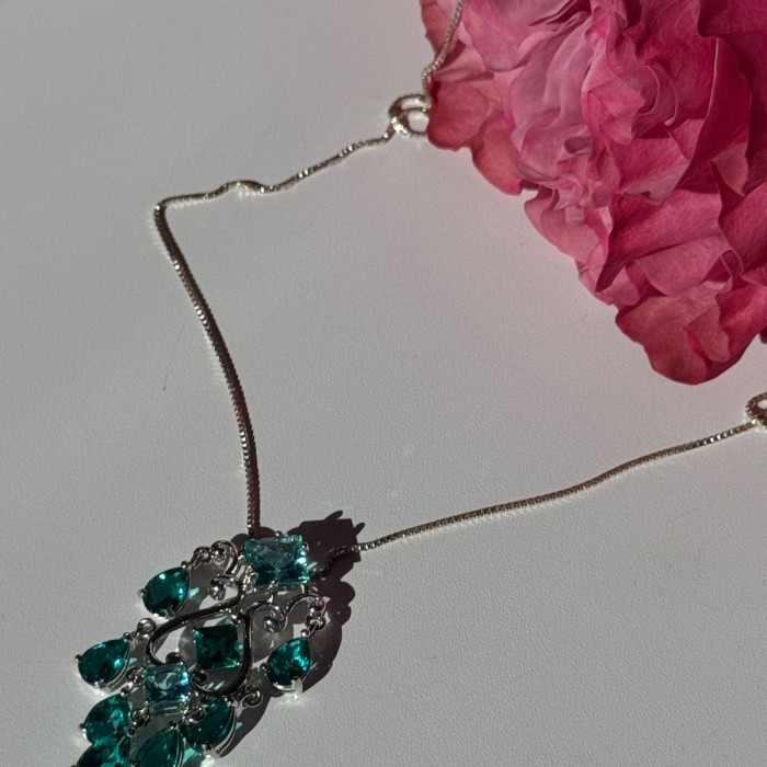 925 Sterling Silver Aquamarine & Emerald Necklace Length 17 Inch