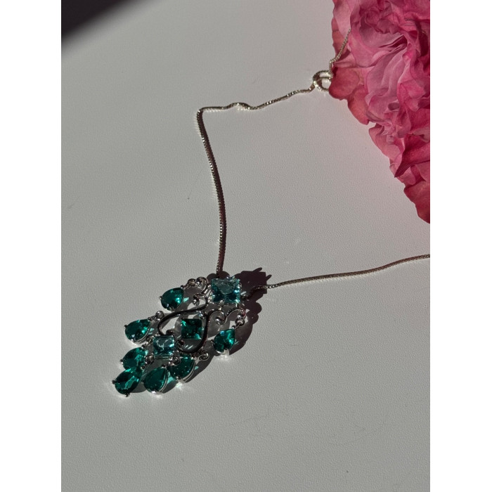 925 Sterling Silver Aquamarine & Emerald Necklace Length 17 inch