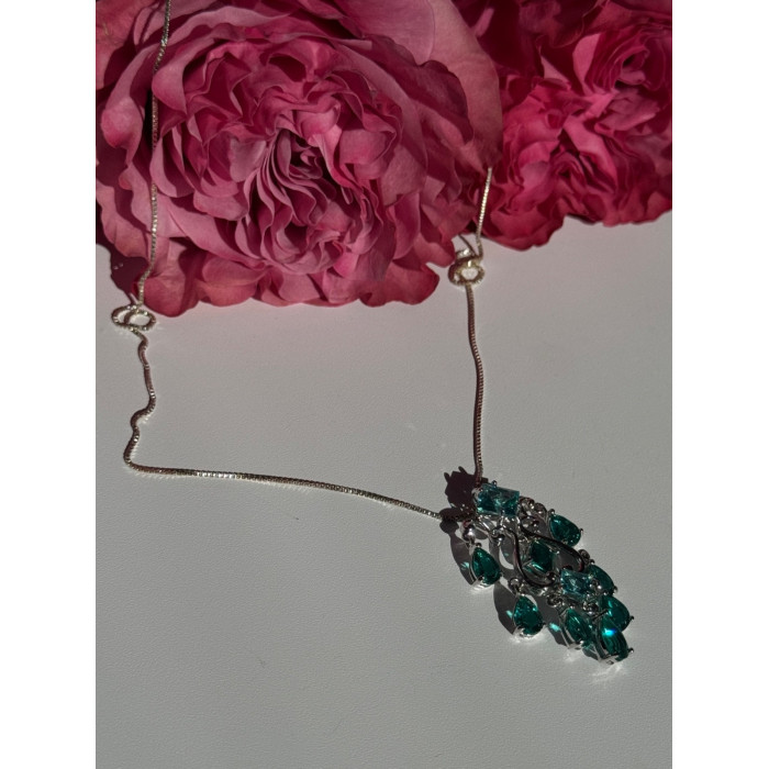 925 Sterling Silver Aquamarine & Emerald Necklace Length 17 inch