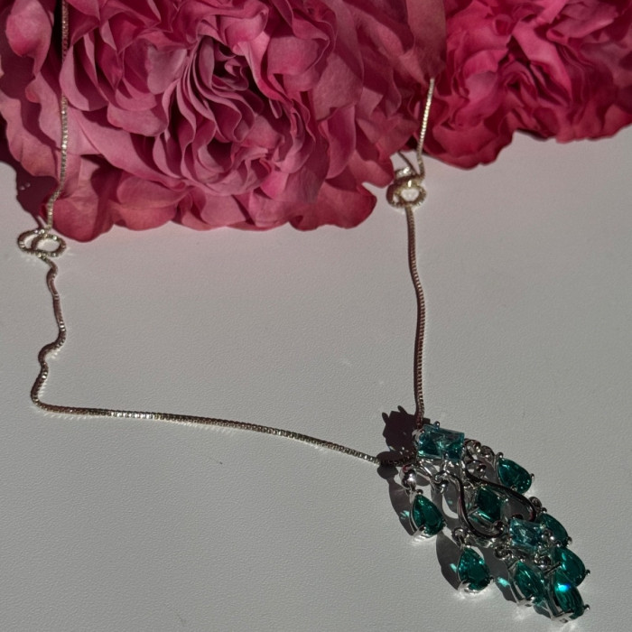 925 Sterling Silver Aquamarine & Emerald Necklace Length 17 Inch