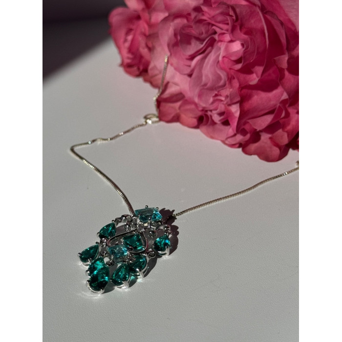 925 Sterling Silver Aquamarine & Emerald Necklace Length 17 inch