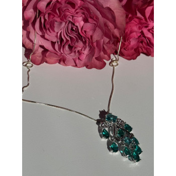 925 Sterling Silver Aquamarine & Emerald Necklace Length 17 inch