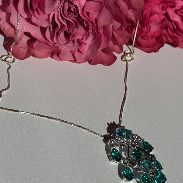 925 Sterling Silver Aquamarine & Emerald Necklace Length 17 Inch