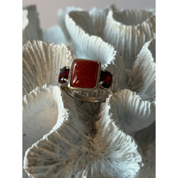 925 Sterling Silver Carnelian & Garnet Ring Size 7