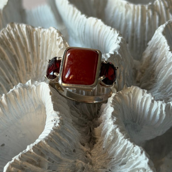 925 Sterling Silver Carnelian & Garnet Ring Size 7