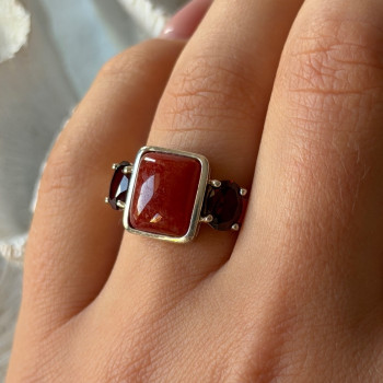 925 Sterling Silver Carnelian & Garnet Ring Size 7