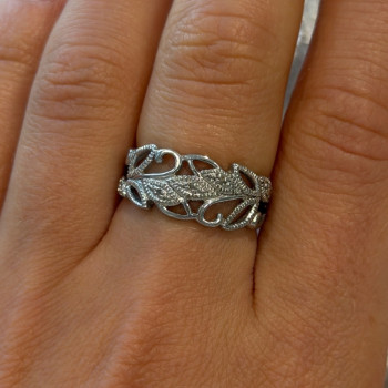 Open Leaf Design 925 Sterling Silver Diamond Ring Size 8