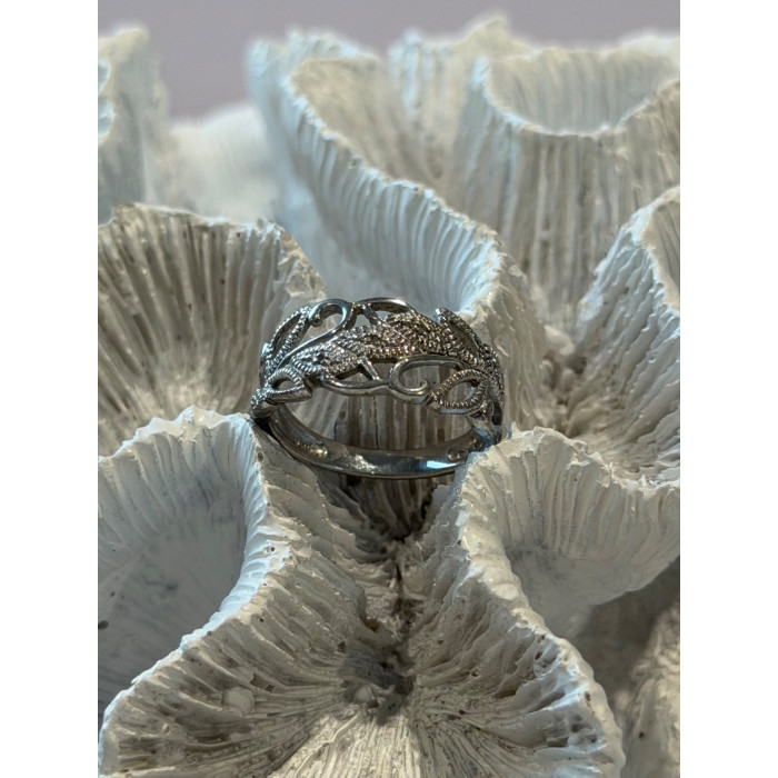 Open Leaf Design 925 Sterling Silver Diamond Ring Size 8