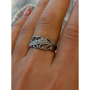 Open Leaf Design 925 Sterling Silver Diamond Ring Size 8