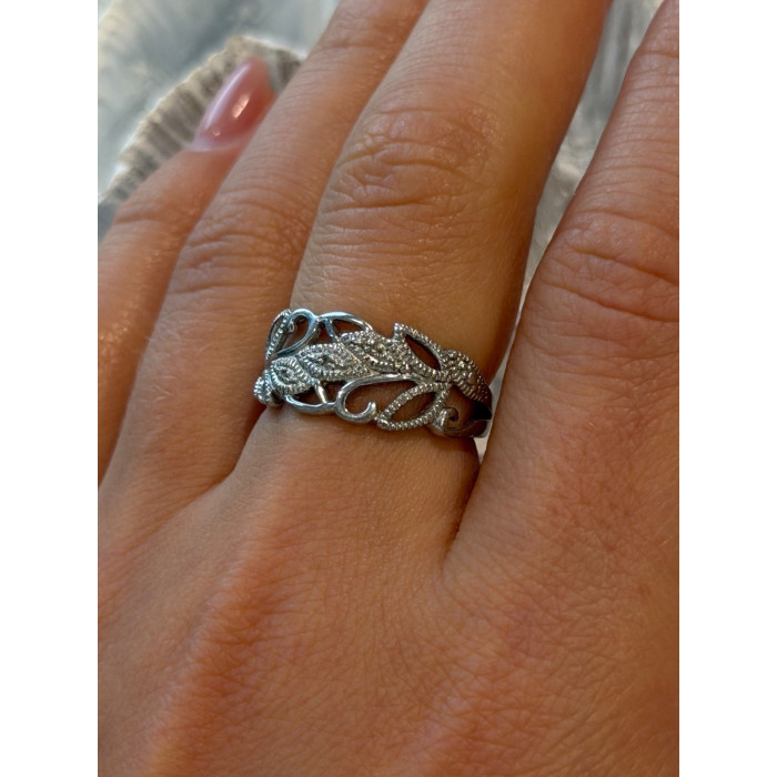 Open Leaf Design 925 Sterling Silver Diamond Ring Size 8