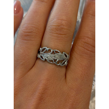 Open Leaf Design 925 Sterling Silver Diamond Ring Size 8