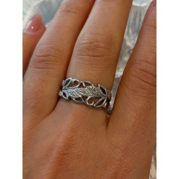 Open Leaf Design 925 Sterling Silver Diamond Ring Size 8