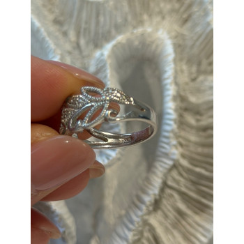 Open Leaf Design 925 Sterling Silver Diamond Ring Size 8