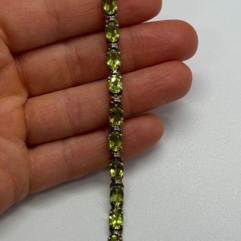 925 Sterling Silver Gold Plated Peridot & Diamonds Bracelet 7.5 in