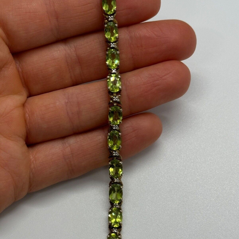 925 Sterling Silver Gold Plated Peridot & Diamonds Bracelet 7.5 in