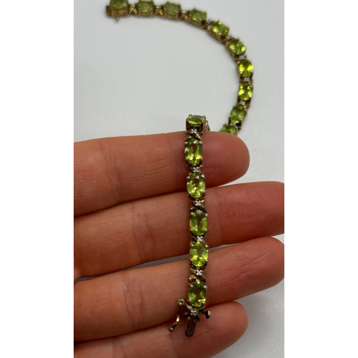 925 Sterling Silver Gold Plated Peridot & Diamonds Bracelet 7.5 in