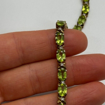 925 Sterling Silver Gold Plated Peridot & Diamonds Bracelet 7.5 in