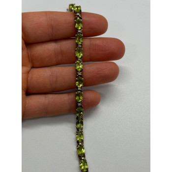 925 Sterling Silver Gold Plated Peridot & Diamonds Bracelet 7.5 in