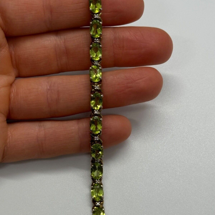 925 Sterling Silver Gold Plated Peridot & Diamonds Bracelet 7.5 in