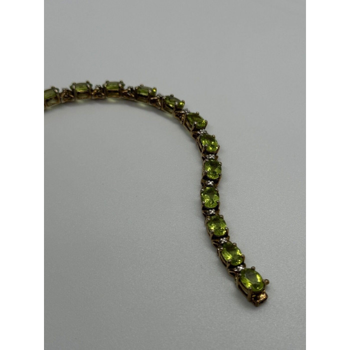 925 Sterling Silver Gold Plated Peridot & Diamonds Bracelet 7.5 in