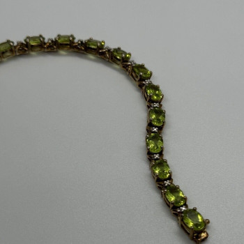 925 Sterling Silver Gold Plated Peridot & Diamonds Bracelet 7.5 in