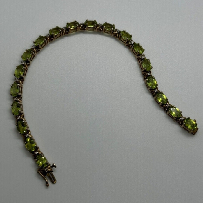925 Sterling Silver Gold Plated Peridot & Diamonds Bracelet 7.5 in