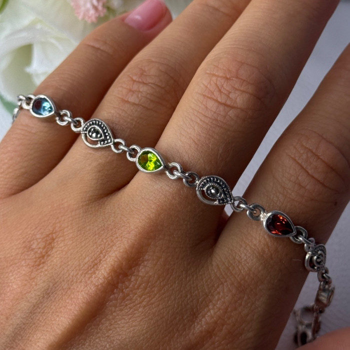 925 Sterling Silver Amethyst Citrine Garnet Peridot Topaz Bracelet Length 7.5 In