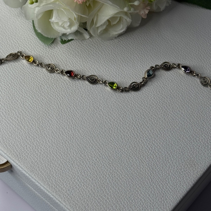 925 Sterling Silver Amethyst Citrine Garnet Peridot Topaz Bracelet Length 7.5 In