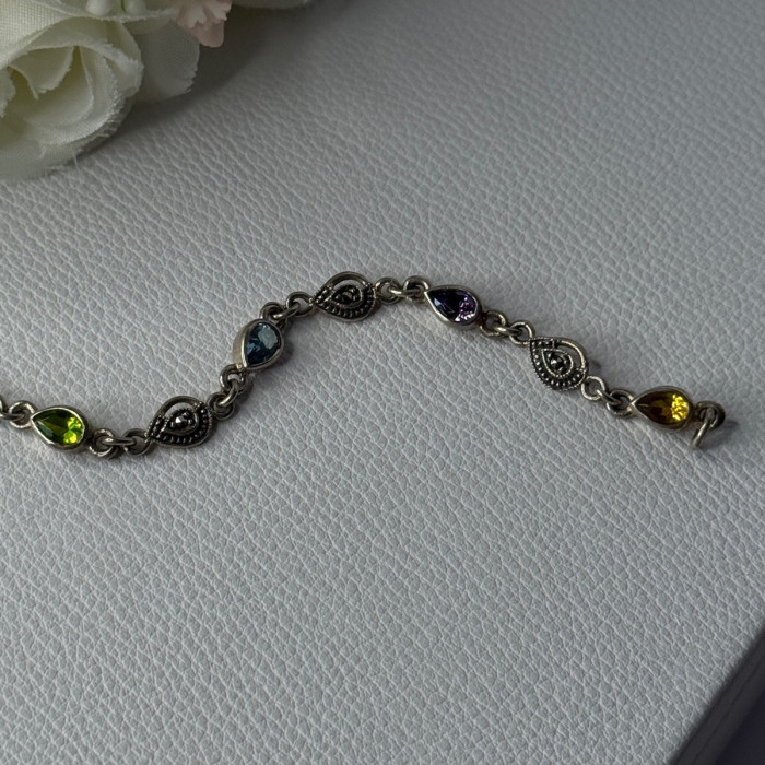925 Sterling Silver Amethyst Citrine Garnet Peridot Topaz Bracelet Length 7.5 In