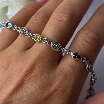 925 Sterling Silver Amethyst Citrine Garnet Peridot Topaz Bracelet Length 7.5 In