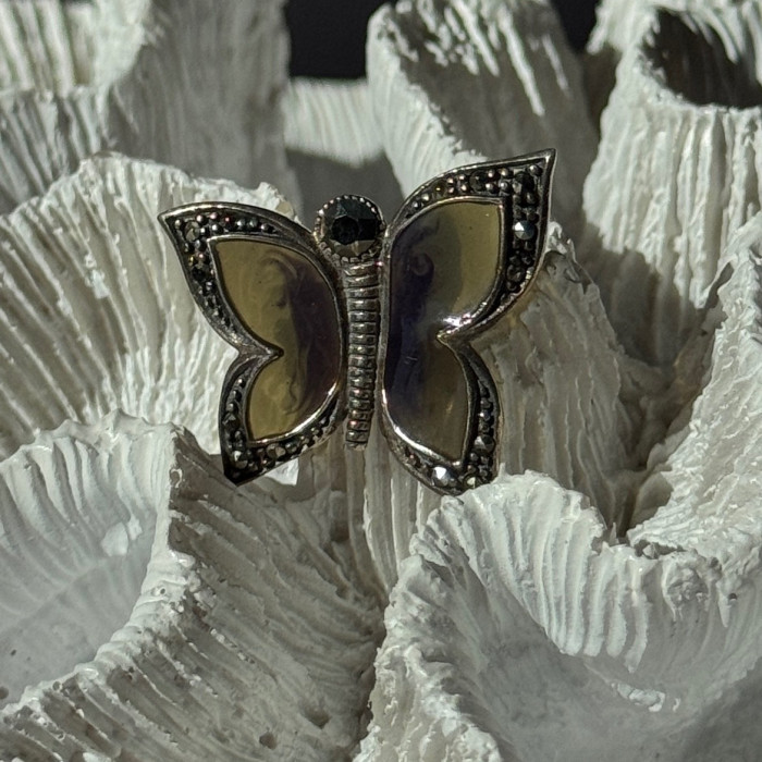 925 Sterling Silver Enamel Marcasite Butterfly Pendant