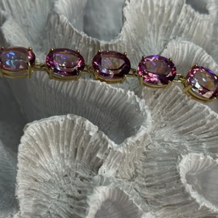 925 Sterling Silver Gold Plated Pink Mystic Topaz Bracelet Length 8.5 Inch