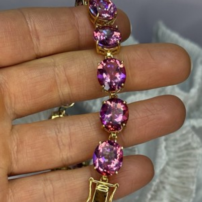 925 Sterling Silver Gold Plated Pink Mystic Topaz Bracelet Length 8.5 Inch