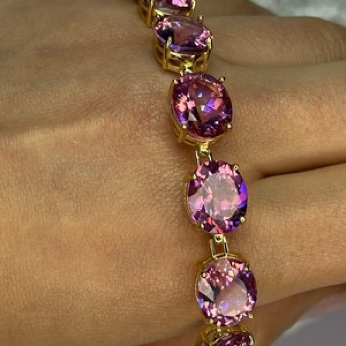 925 Sterling Silver Gold Plated Pink Mystic Topaz Bracelet Length 8.5 Inch