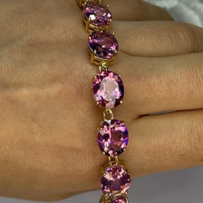 925 Sterling Silver Gold Plated Pink Mystic Topaz Bracelet Length 8.5 Inch